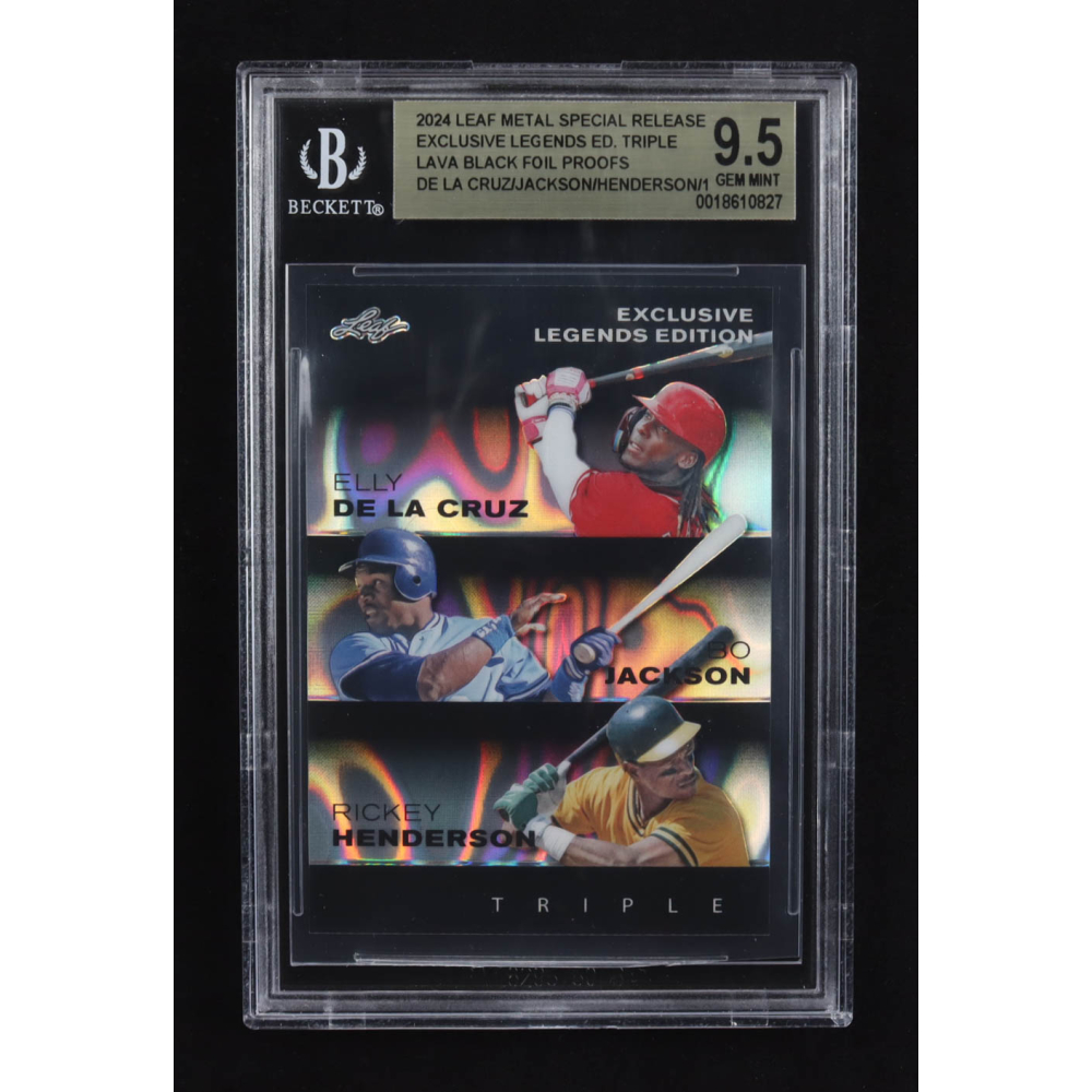 Elly De La Cruz / Bo Jackson / Rickey Henderson 2024 Leaf Metal Special Release Exclusive Legends Ed. Triple Lava Black Foil Proofs (BGS 9.5) at PristineAuction.com