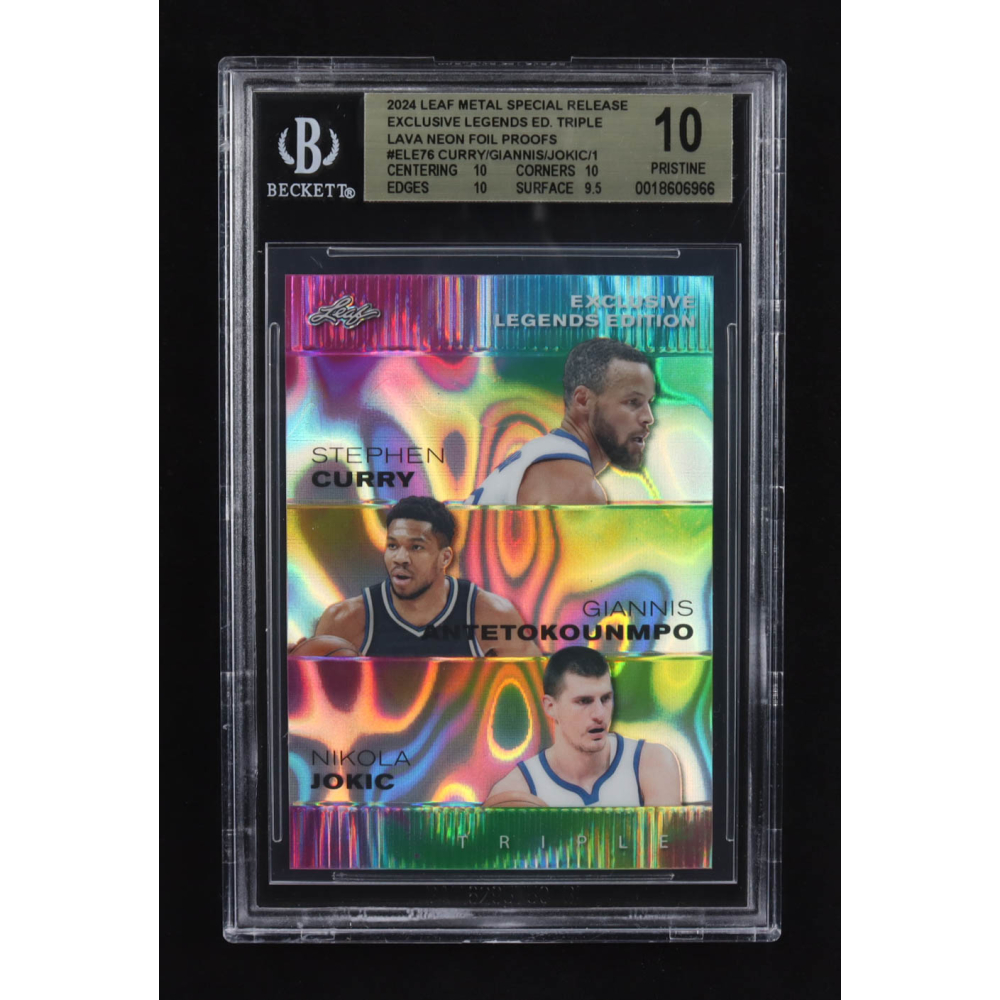 Stephen Curry / Giannis Antetokounmpo / Nikola Jokic 2024 Leaf Metal Special Release Exclusive Legends Ed. Triple Lava Neon Foil Proofs #ELE76 (BGS 10) at PristineAuction.com