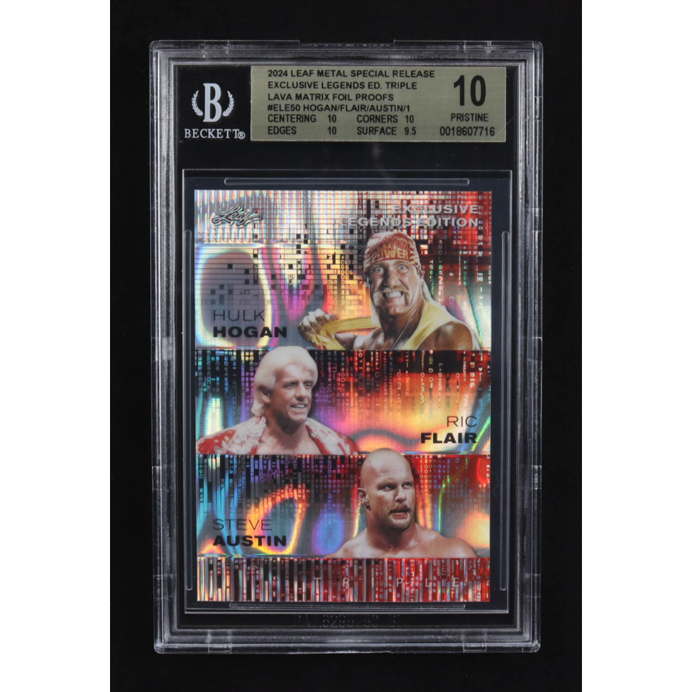 Ric Flair / Steve Austin / Hulk Hogan 2024 Leaf Metal Special Release Exclusive Legends Ed. Triple Lava Matrix Foil Proofs #ELE50 (BGS 10) at PristineAuction.com