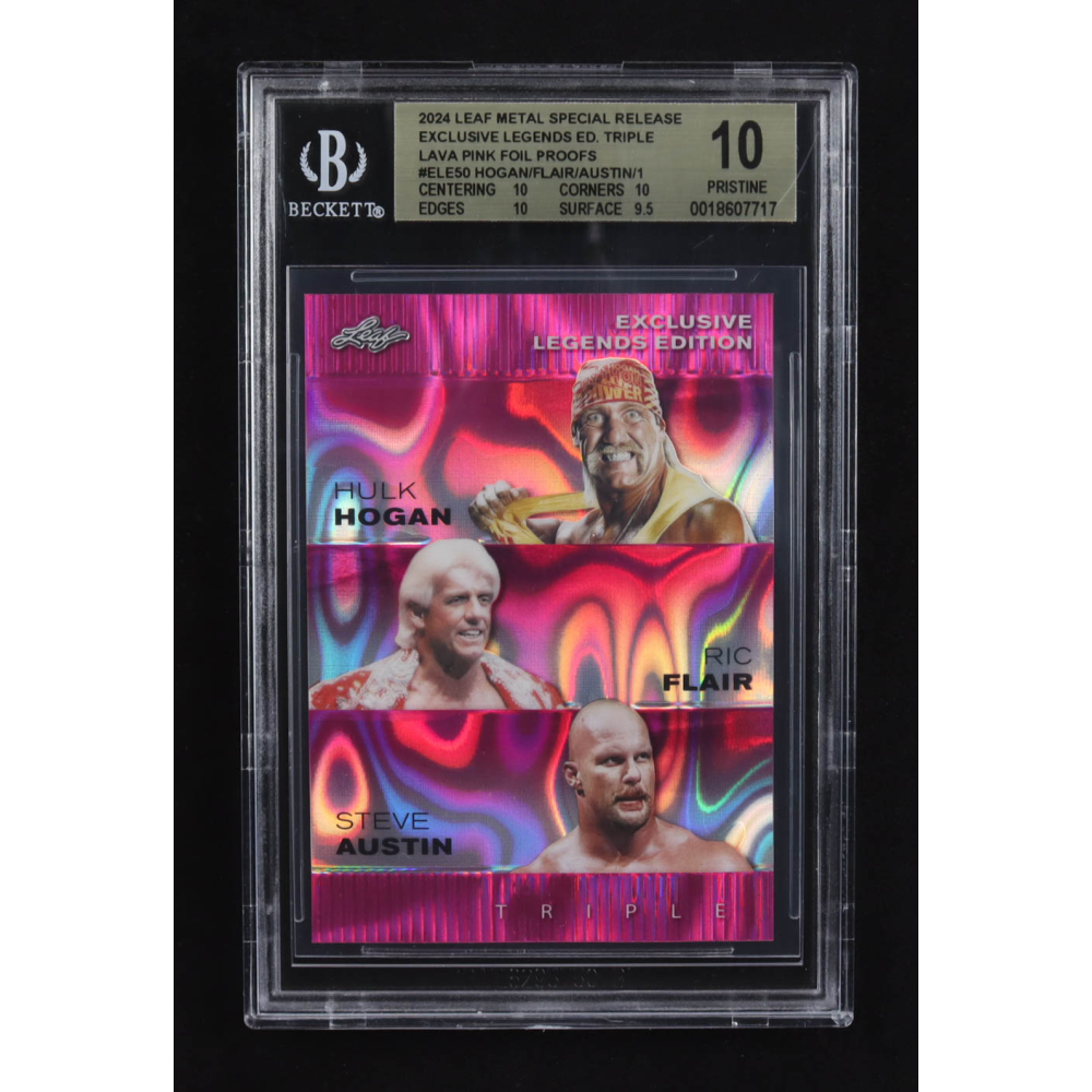 Ric Flair / Steve Austin / Hulk Hogan 2024 Leaf Metal Special Release Exclusive Legends Ed. Triple Lava Pink Foil Proofs #ELE50 (BGS 10) at PristineAuction.com