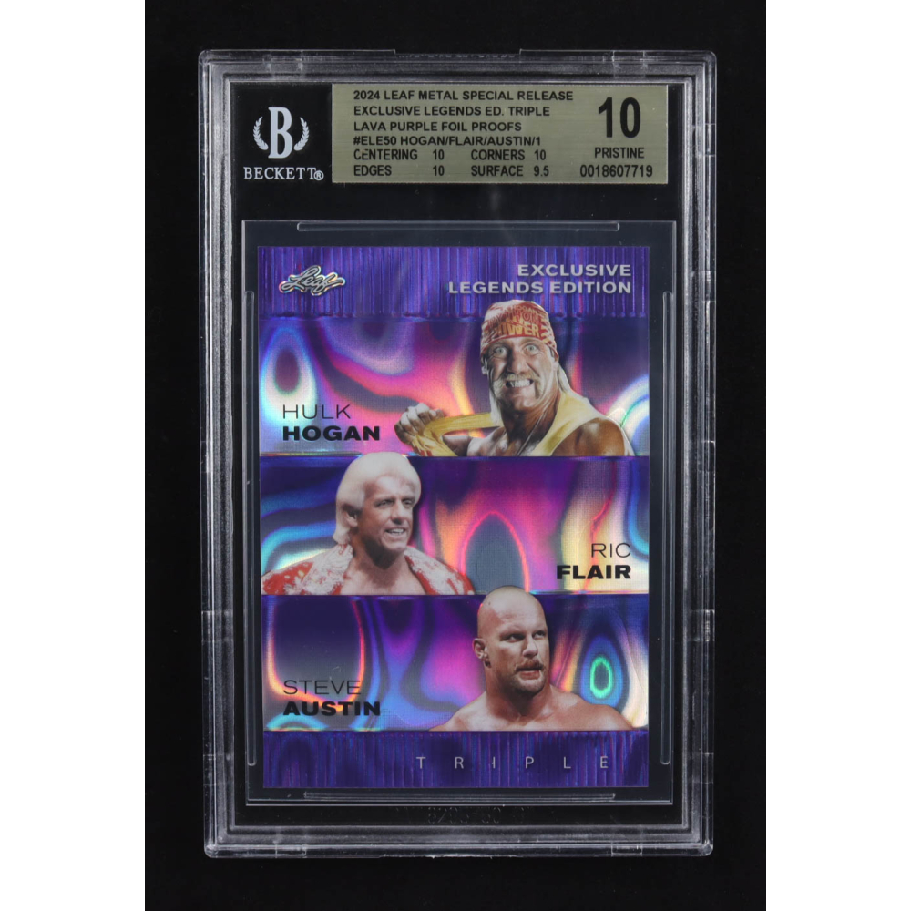 Ric Flair / Steve Austin / Hulk Hogan 2024 Leaf Metal Special Release Exclusive Legends Ed. Triple Lava Purple Foil Proofs #ELE50 (BGS 10) at PristineAuction.com