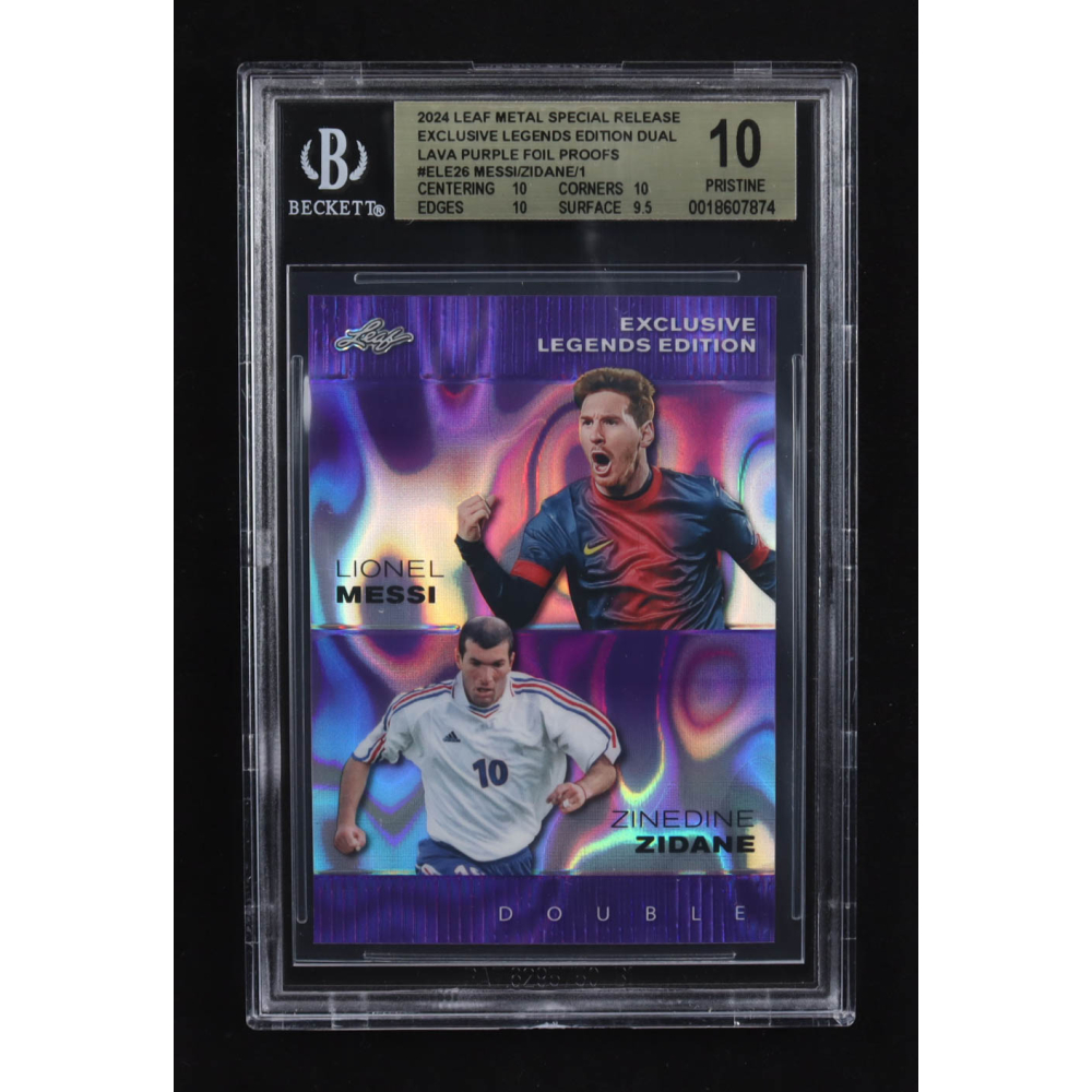 Lionel Messi / Zinedine Zidane 2024 Leaf Metal Special Release Exclusive Legends Ed. Dual Lava Purple Foil Proofs #ELE26 (BGS 10) at PristineAuction.com