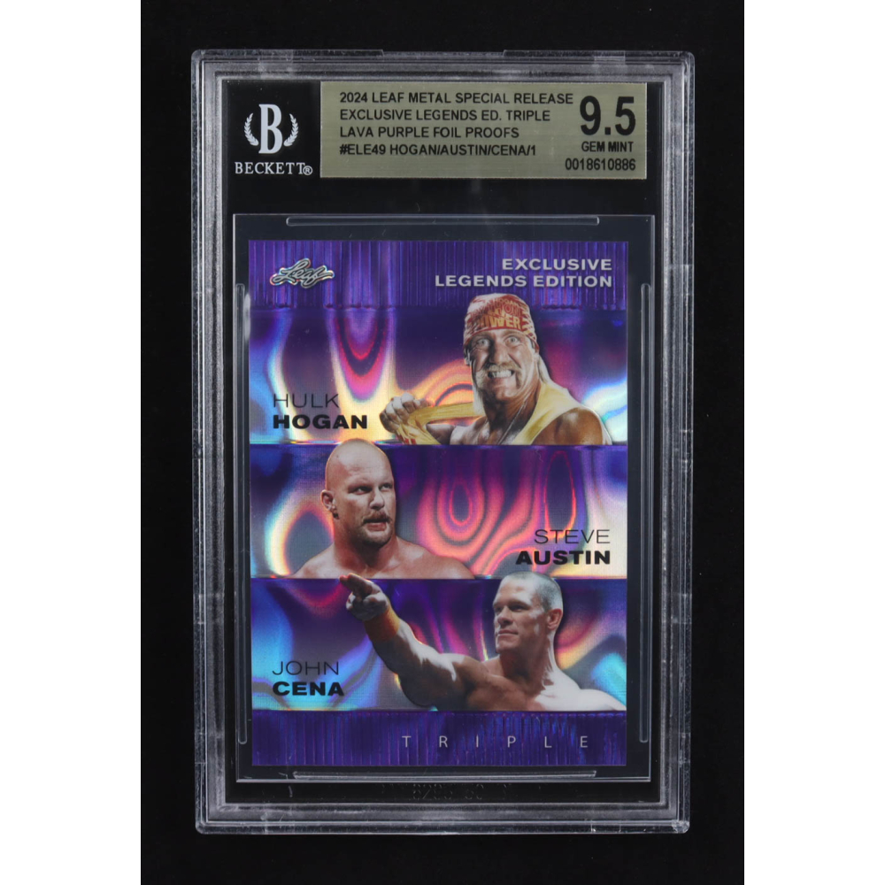 Steve Austin / Hulk Hogan / John Cena 2024 Leaf Metal Special Release Exclusive Legends Ed. Triple Lava Purple Foil Proofs #ELE49 (BGS 9.5) at PristineAuction.com