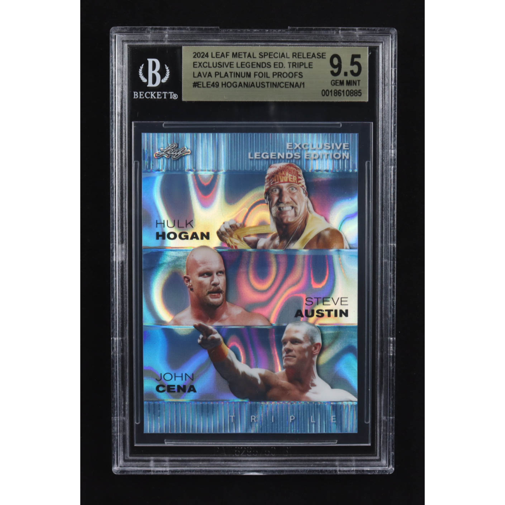 Steve Austin / Hulk Hogan / John Cena 2024 Leaf Metal Special Release Exclusive Legends Ed. Triple Lava Platinum Foil Proofs #ELE49 (BGS 9.5) at PristineAuction.com