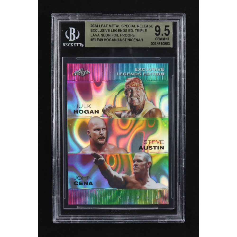 Steve Austin / Hulk Hogan / John Cena 2024 Leaf Metal Special Release Exclusive Legends Ed. Triple Lava Neon Foil Proofs #ELE49 (BGS 9.5) at PristineAuction.com