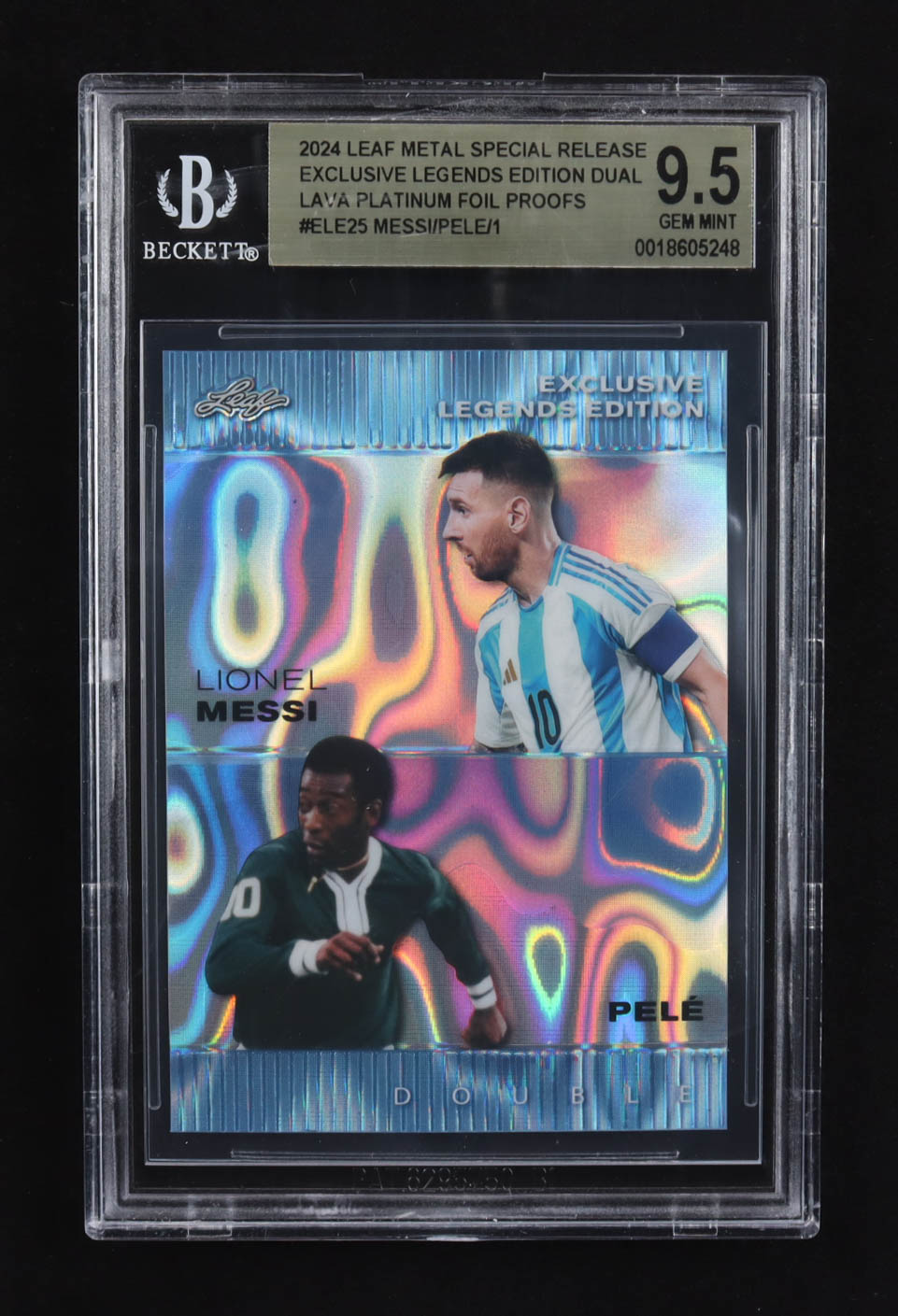 Lionel Messi / Pele 2024 Leaf Metal Special Release Exclusive Legends Ed. Dual Lava Platinum Foil Proofs #ELE25 (BGS 9.5) at PristineAuction.com Lionel Messi / Pele 2024 Leaf Metal Special Release Exclusive Legends Ed. Dual Lava Platinum Foil Proofs #ELE25 (BGS 9.5) at PristineAuction.com