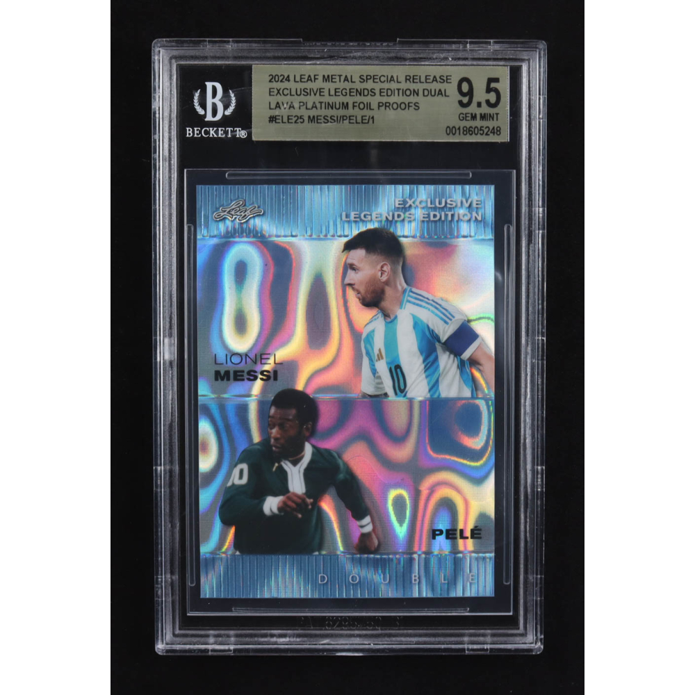 Lionel Messi / Pele 2024 Leaf Metal Special Release Exclusive Legends Ed. Dual Lava Platinum Foil Proofs #ELE25 (BGS 9.5) at PristineAuction.com