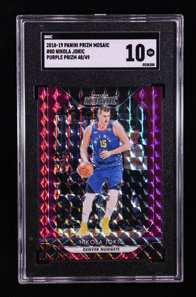Nikola Jokic 2018-19 Panini Prizm Mosaic Purple Prizm #80 #48/49 (SGC 10) at PristineAuction.com Nikola Jokic 2018-19 Panini Prizm Mosaic Purple Prizm #80 #48/49 (SGC 10) at PristineAuction.com