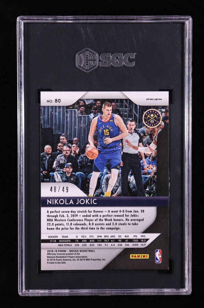 Nikola Jokic 2018-19 Panini Prizm Mosaic Purple Prizm #80 #48/49 (SGC 10) at PristineAuction.com Nikola Jokic 2018-19 Panini Prizm Mosaic Purple Prizm #80 #48/49 (SGC 10) at PristineAuction.com
