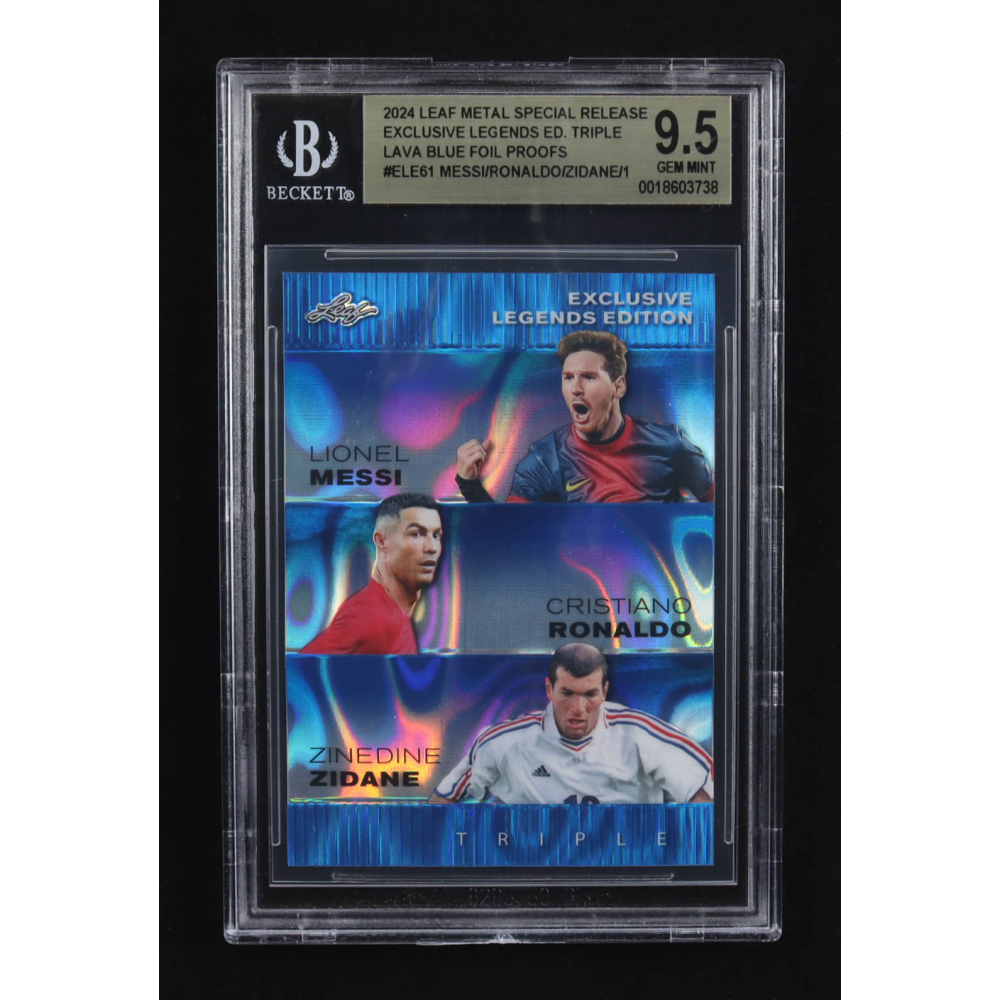 Lionel Messi / Zinedine Zidane / Cristiano Ronaldo 2024 Leaf Metal Special Release Exclusive Legends Ed. Triple Lava Blue Foil Proofs #ELE61 (BGS 9.5) at PristineAuction.com