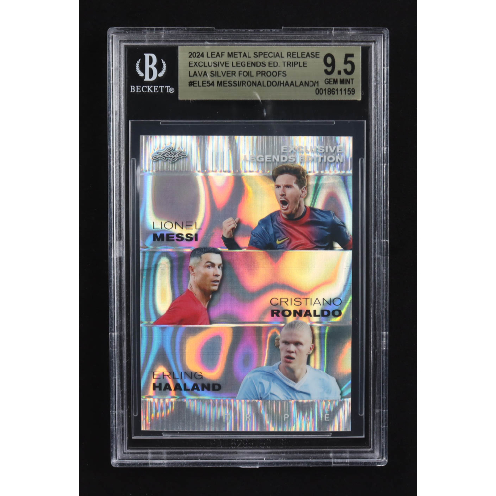 Lionel Messi / Erling Haaland / Cristiano Ronaldo 2024 Leaf Metal Special Release Exclusive Legends Ed. Triple Lava Silver Foil Proofs #ELE54 (BGS 9.5) at PristineAuction.com