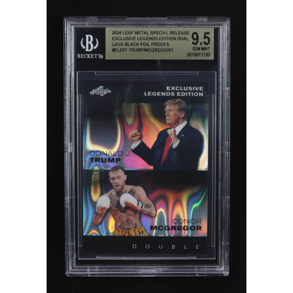 Conor Mcgregor / Donald J. Trump 2024 Leaf Metal Special Release Exclusive Legends Ed. Dual Lava Black Foil Proofs #ELE07 (BGS 9.5) at PristineAuction.com