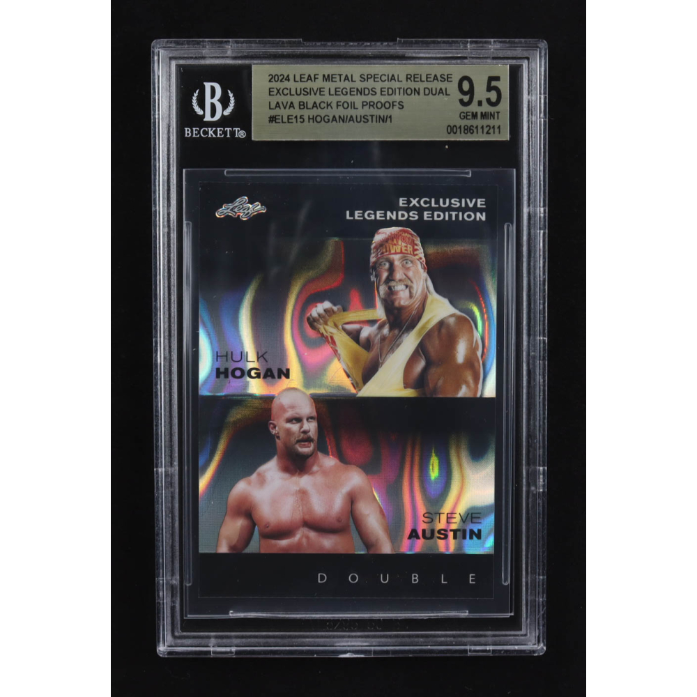 Steve Austin / Hulk Hogan 2024 Leaf Metal Special Release Exclusive Legends Ed. Dual Lava Black Foil Proofs #ELE15 (BGS 9.5) at PristineAuction.com