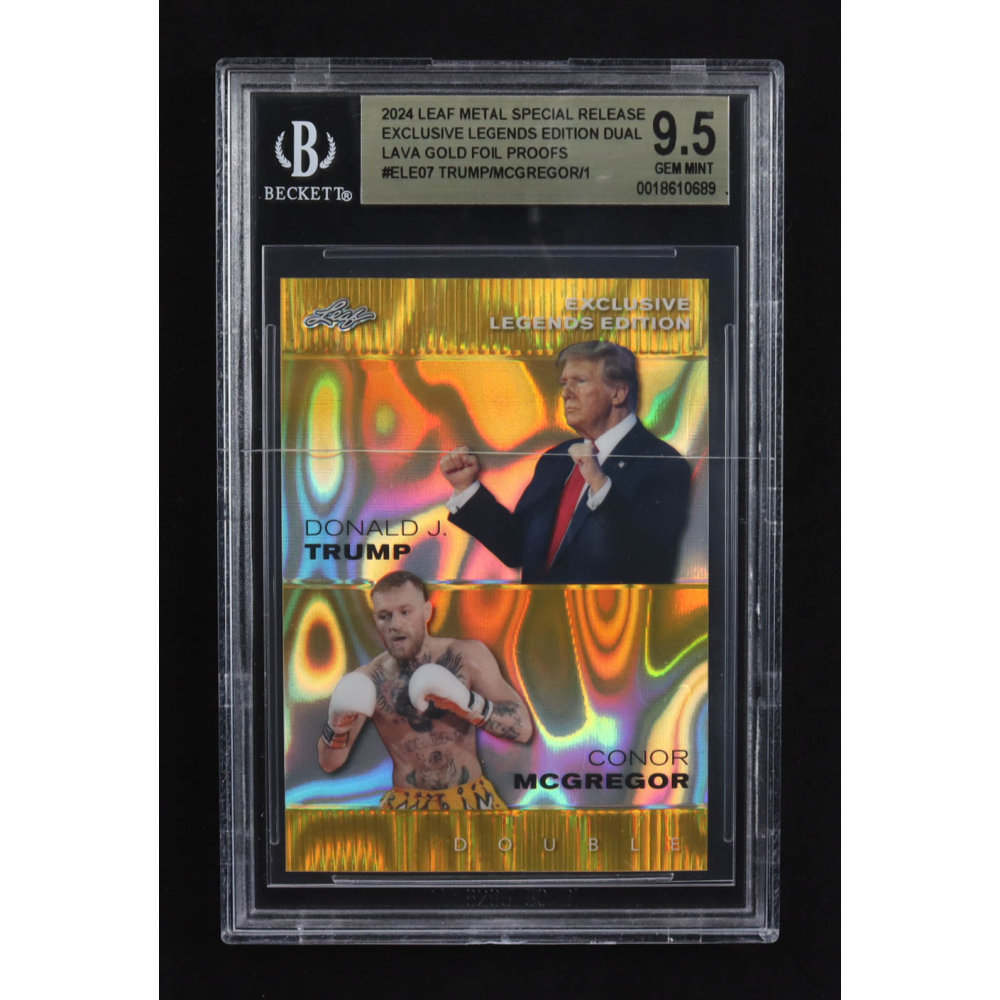 Conor Mcgregor / Donald J. Trump 2024 Leaf Metal Special Release Exclusive Legends Ed. Dual Lava Gold Foil Proofs #ELE07 (BGS 9.5) at PristineAuction.com