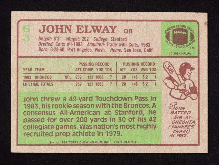 John Elway 1984 Topps #63 RC at PristineAuction.com John Elway 1984 Topps #63 RC at PristineAuction.com