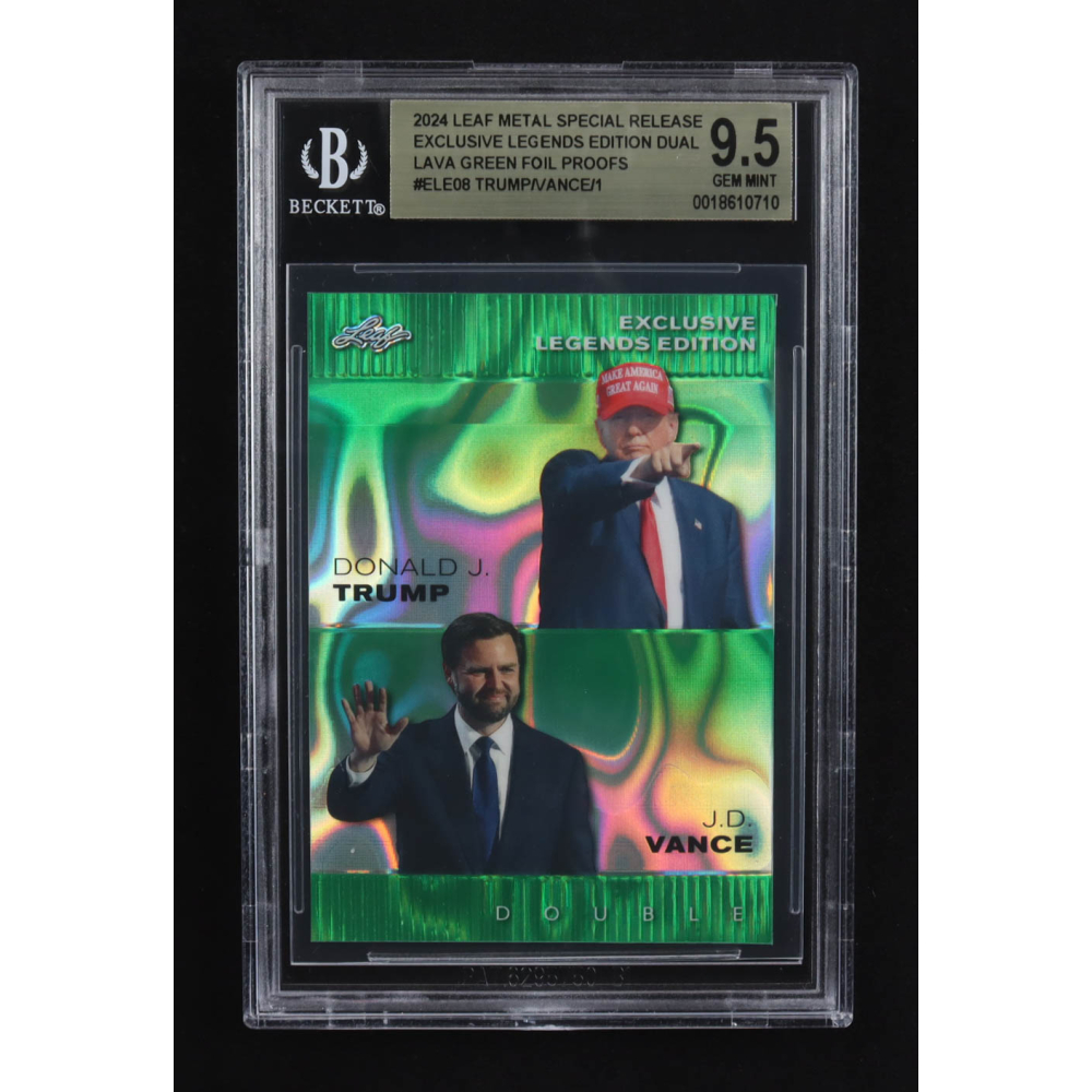 J.D. Vance / Donald J. Trump 2024 Leaf Metal Special Release Exclusive Legends Ed. Dual Lava Green Foil Proofs #ELE08 (BGS 9.5) at PristineAuction.com