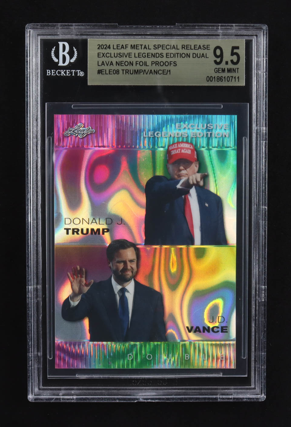 J.D. Vance / Donald J. Trump 2024 Leaf Metal Special Release Exclusive Legends Ed. Dual Lava Neon Foil Proofs #ELE08 (BGS 9.5) at PristineAuction.com J.D. Vance / Donald J. Trump 2024 Leaf Metal Special Release Exclusive Legends Ed. Dual Lava Neon Foil Proofs #ELE08 (BGS 9.5) at PristineAuction.com
