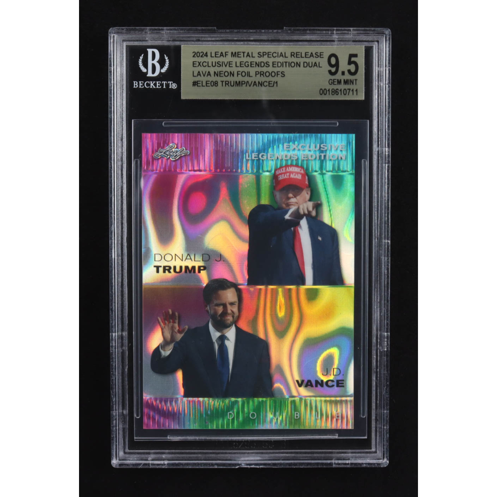 J.D. Vance / Donald J. Trump 2024 Leaf Metal Special Release Exclusive Legends Ed. Dual Lava Neon Foil Proofs #ELE08 (BGS 9.5) at PristineAuction.com