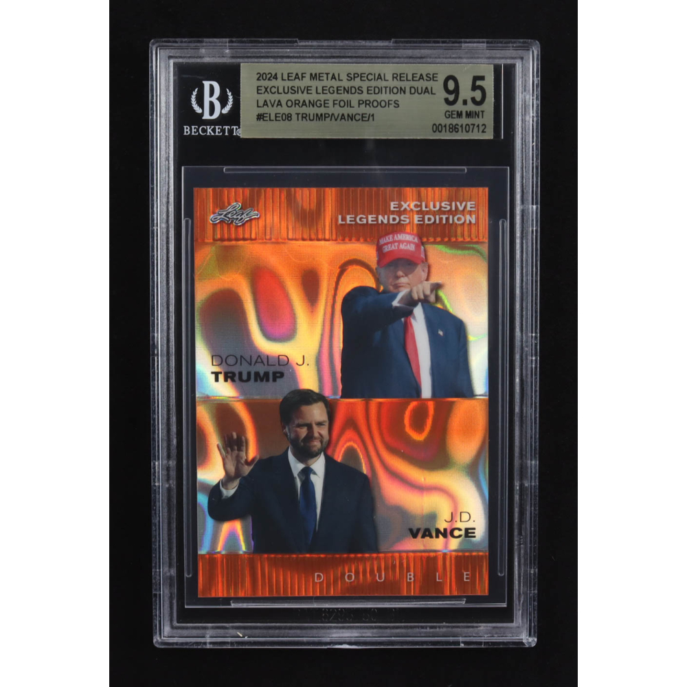 J.D. Vance / Donald J. Trump 2024 Leaf Metal Special Release Exclusive Legends Ed. Dual Lava Orange Foil Proofs #ELE08 (BGS 9.5) at PristineAuction.com