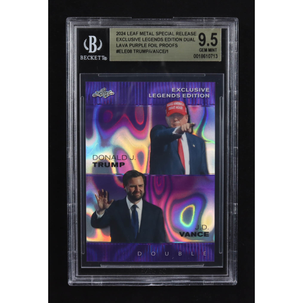J.D. Vance / Donald J. Trump 2024 Leaf Metal Special Release Exclusive Legends Ed. Dual Lava Purple Foil Proofs #ELE08 (BGS 9.5) at PristineAuction.com