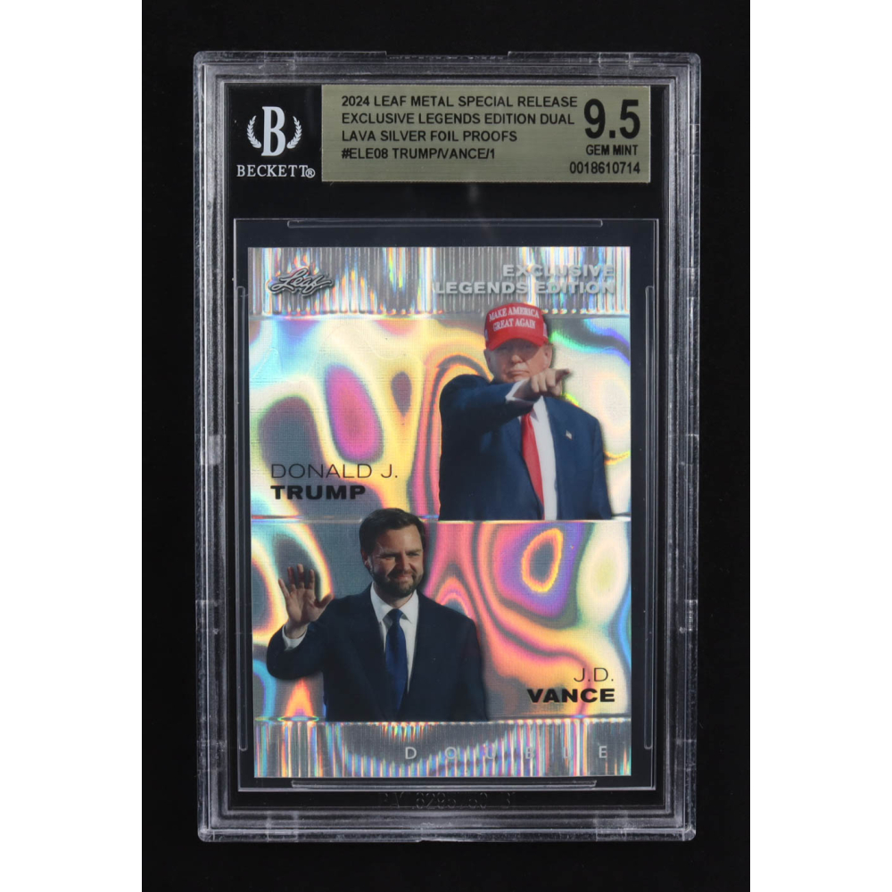 J.D. Vance / Donald J. Trump 2024 Leaf Metal Special Release Exclusive Legends Ed. Dual Lava Silver Foil Proofs #ELE08 (BGS 9.5) at PristineAuction.com