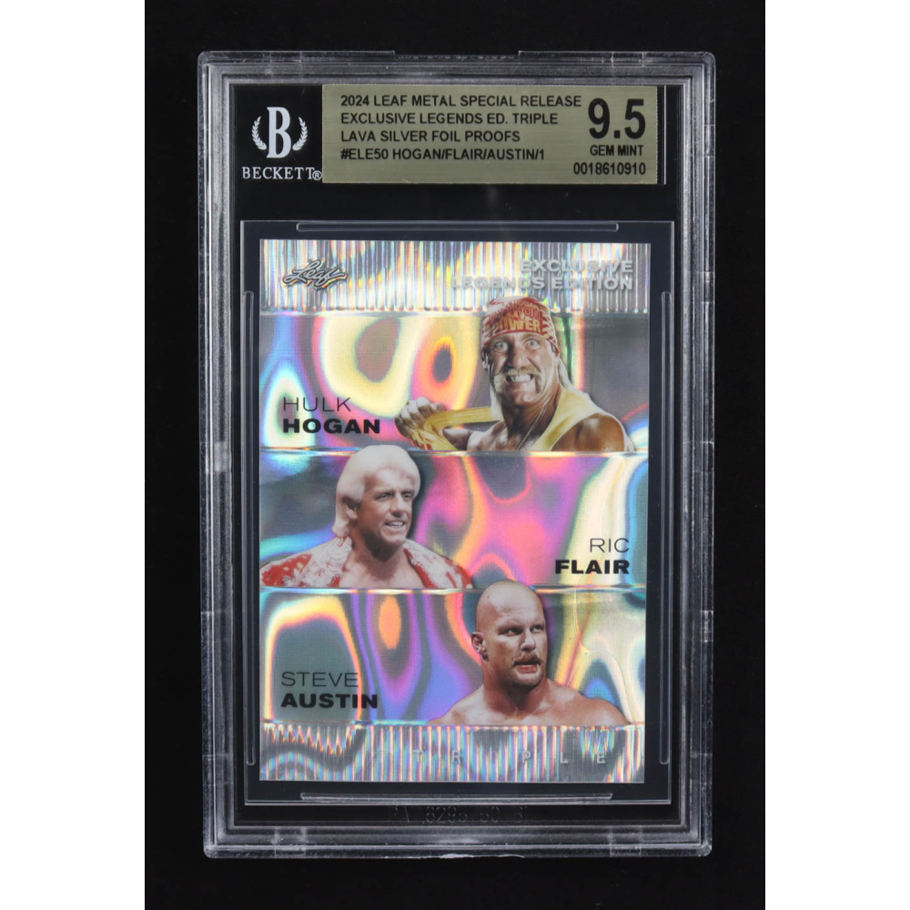 Hulk Hogan / Ric Flair / Steve Austin 2024 Leaf Metal Special Release Exclusive Legends Ed. Triple Lava Silver Foil Proofs #ELE50 (BGS 9.5) at PristineAuction.com