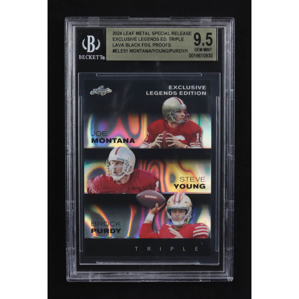 Joe Montana / Steve Young / Brock Purdy 2024 Leaf Metal Special Release Exclusive Legends Ed. Triple Lava Black Foil Proofs #ELE51 (BGS 9.5) at PristineAuction.com