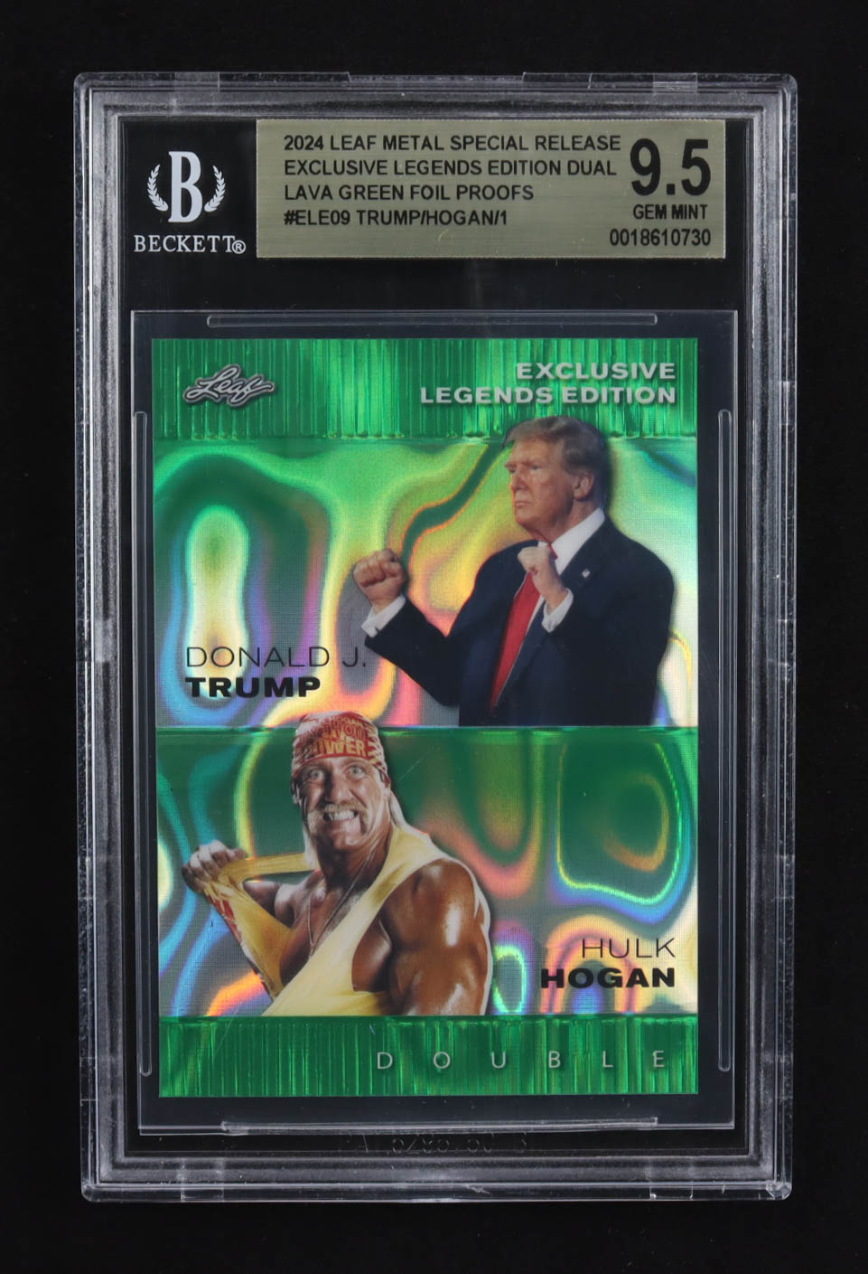 Hulk Hogan / Donald J. Trump 2024 Leaf Metal Special Release Exclusive Legends Ed. Dual Lava Green Foil Proofs #ELE09 (BGS 9.5) at PristineAuction.com Hulk Hogan / Donald J. Trump 2024 Leaf Metal Special Release Exclusive Legends Ed. Dual Lava Green Foil Proofs #ELE09 (BGS 9.5) at PristineAuction.com