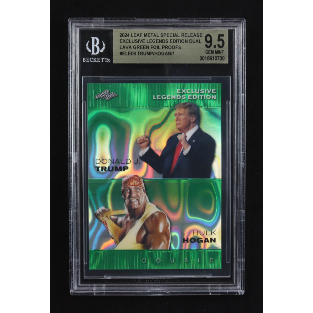 Hulk Hogan / Donald J. Trump 2024 Leaf Metal Special Release Exclusive Legends Ed. Dual Lava Green Foil Proofs #ELE09 (BGS 9.5) at PristineAuction.com