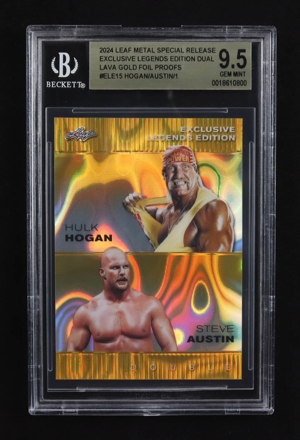 Hulk Hogan / Steve Austin 2024 Leaf Metal Special Release Exclusive Legends Ed. Dual Lava Gold Foil Proofs #ELE15 (BGS 9.5) at PristineAuction.com Hulk Hogan / Steve Austin 2024 Leaf Metal Special Release Exclusive Legends Ed. Dual Lava Gold Foil Proofs #ELE15 (BGS 9.5) at PristineAuction.com