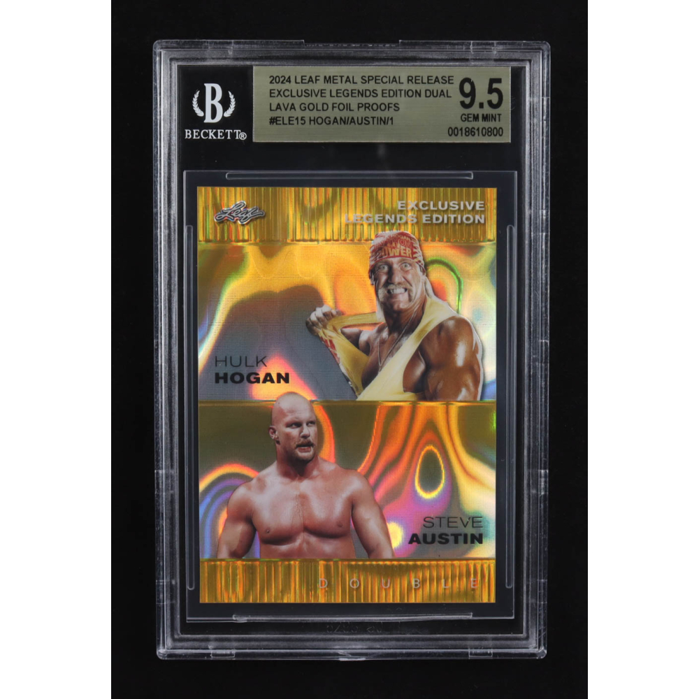 Hulk Hogan / Steve Austin 2024 Leaf Metal Special Release Exclusive Legends Ed. Dual Lava Gold Foil Proofs #ELE15 (BGS 9.5) at PristineAuction.com