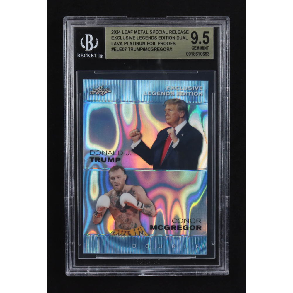 Conor Mcgregor / Donald J. Trump 2024 Leaf Metal Special Release Exclusive Legends Ed. Dual Lava Platinum Foil Proofs #ELE07 (BGS 9.5) at PristineAuction.com