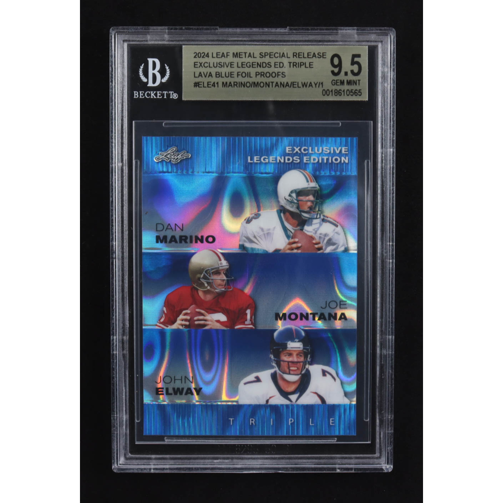 Dan Marino / Joe Montana / John Elway 2024 Leaf Metal Special Release Exclusive Legends Ed. Triple Lava Blue Foil Proofs #ELE41 (BGS 9.5) at PristineAuction.com