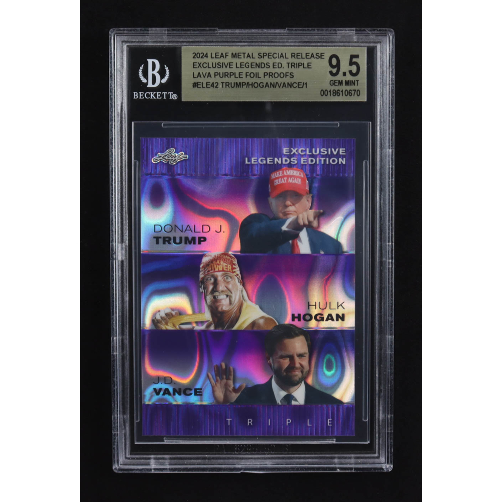 Donald J. Trump / Hulk Hogan / J.D. Vance 2024 Leaf Metal Special Release Exclusive Legends Ed. Triple Purple Foil Proofs #ELE42 (BGS 9.5) at PristineAuction.com