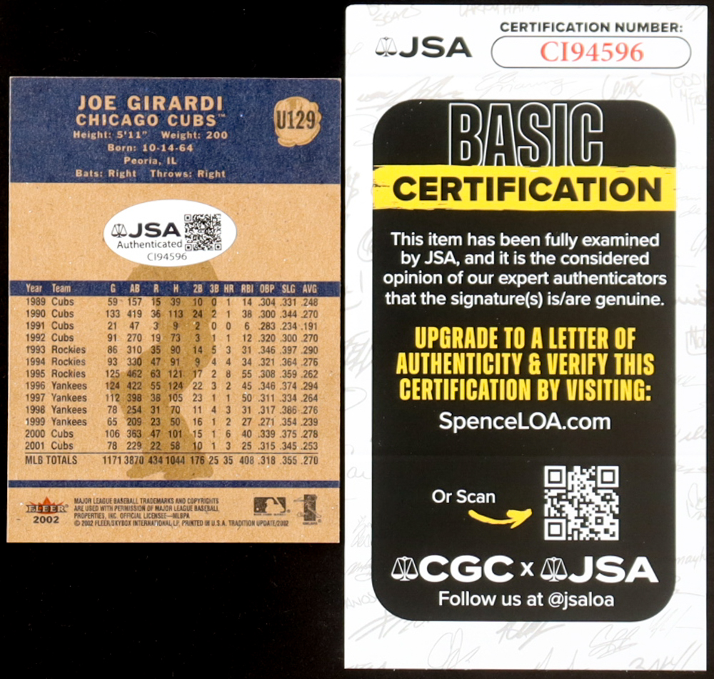 Joe Girardi Signed 2002 Fleer Tradition Update Baseball #U129 (JSA) at PristineAuction.com Joe Girardi Signed 2002 Fleer Tradition Update Baseball #U129 (JSA) at PristineAuction.com