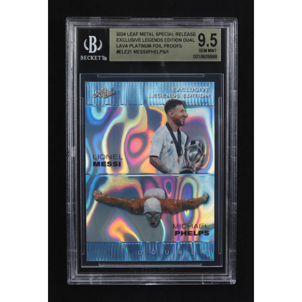 Lionel Messi / Michael Phelps 2024 Leaf Metal Special Release Exclusive Legends Ed. Dual Lava Platinum Foil Proofs #ELE21 (BGS 9.5) at PristineAuction.com