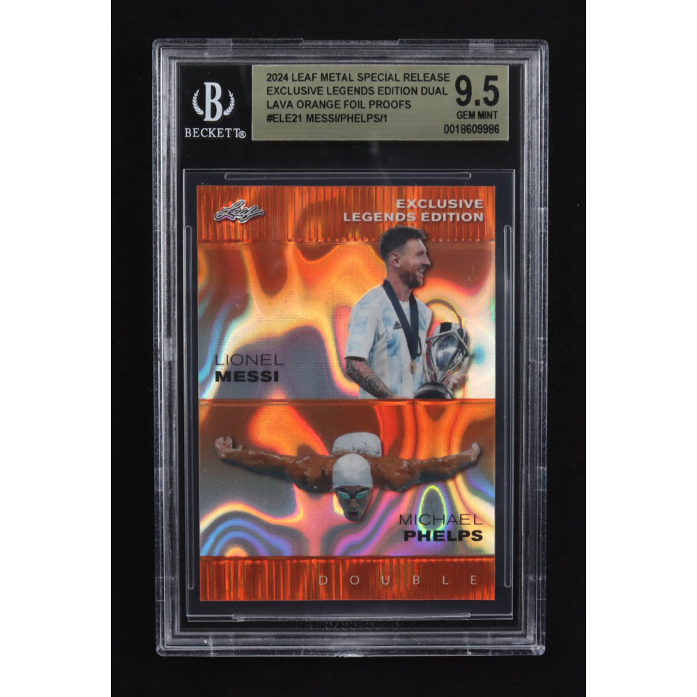 Lionel Messi / Michael Phelps 2024 Leaf Metal Special Release Exclusive Legends Ed. Dual Lava Orange Foil Proofs #ELE21 (BGS 9.5) at PristineAuction.com