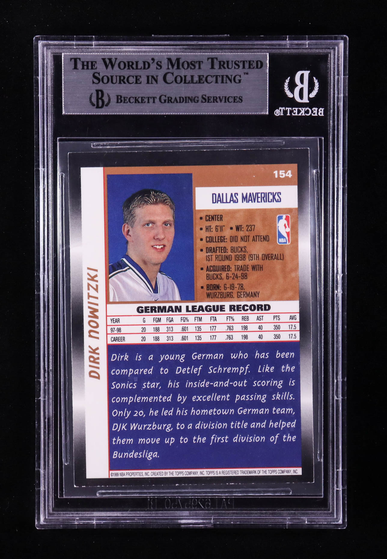 Dirk Nowitzki Signed 1998-99 Topps #154 RC (BGS) at PristineAuction.com Dirk Nowitzki Signed 1998-99 Topps #154 RC (BGS) at PristineAuction.com