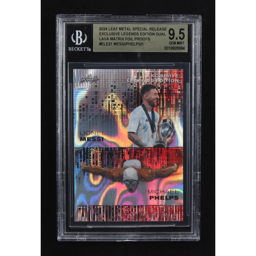 Lionel Messi / Michael Phelps 2024 Leaf Metal Special Release Exclusive Legends Ed. Dual Lava Matrix Foil Proofs #ELE21 (BGS 9.5) at PristineAuction.com