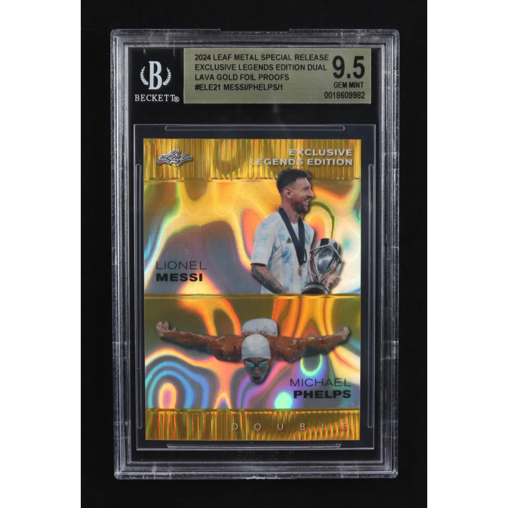 Lionel Messi / Michael Phelps 2024 Leaf Metal Special Release Exclusive Legends Ed. Dual Lava Gold Foil Proofs #ELE21 (BGS 9.5) at PristineAuction.com
