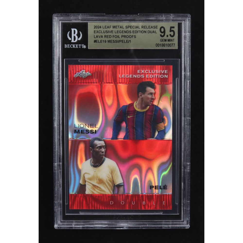 Lionel Messi / Pele 2024 Leaf Metal Special Release Exclusive Legends Ed. Dual Lava Red Foil Proofs #ELE19 (BGS 9.5) at PristineAuction.com