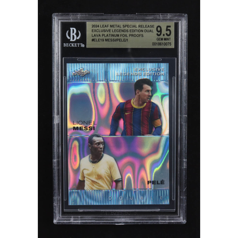 Lionel Messi / Pele 2024 Leaf Metal Special Release Exclusive Legends Ed. Dual Lava Platinum Foil Proofs #ELE19 (BGS 9.5) at PristineAuction.com