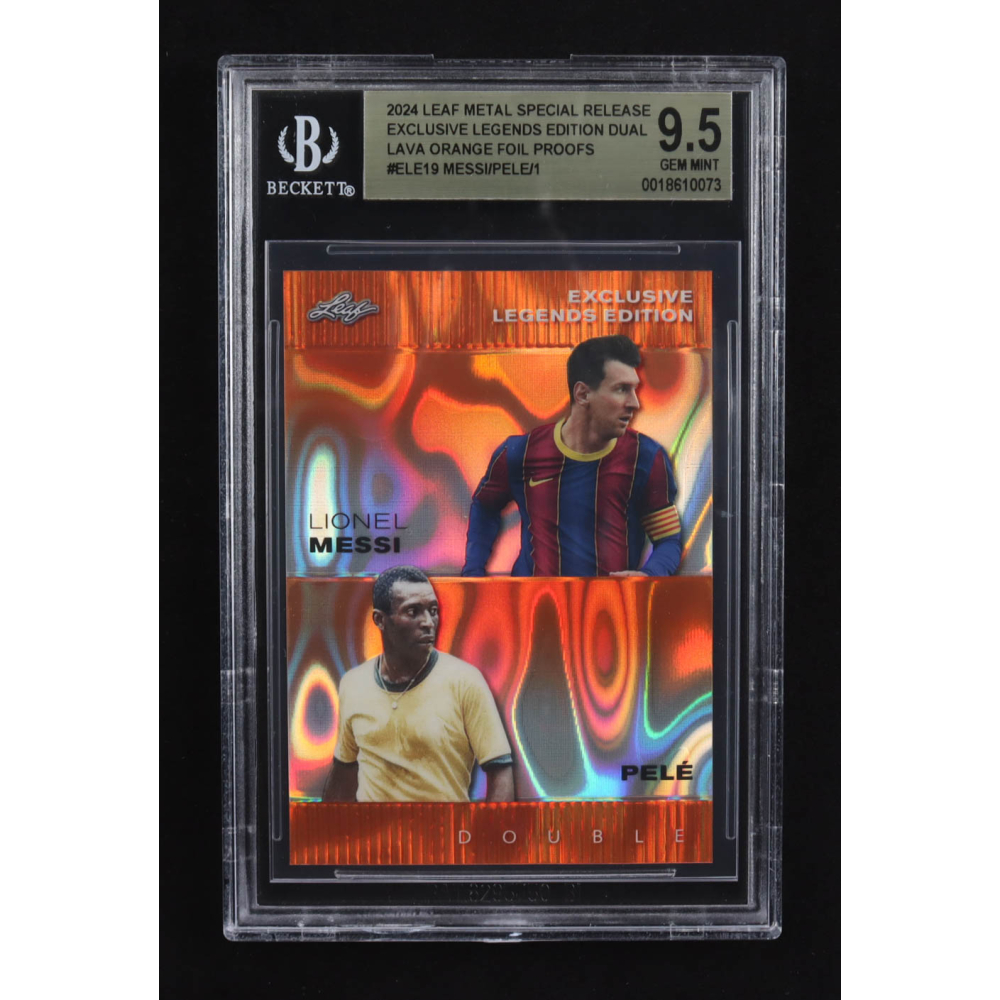 Lionel Messi / Pele 2024 Leaf Metal Special Release Exclusive Legends Ed. Dual Lava Orange Foil Proofs #ELE19 (BGS 9.5) at PristineAuction.com