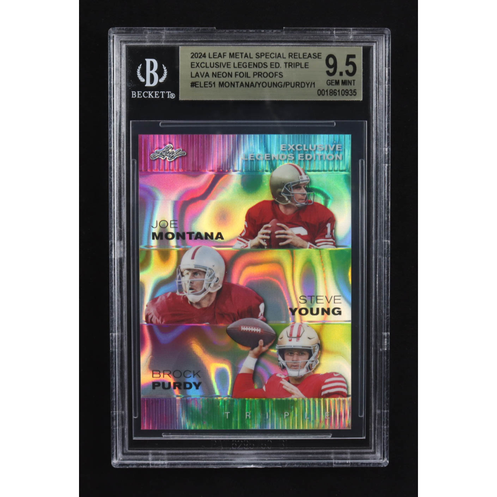 Joe Montana / Steve Young / Brock Purdy 2024 Leaf Metal Special Release Exclusive Legends Ed. Triple Lava Neon Foil Proofs #ELE51 (BGS 9.5) at PristineAuction.com