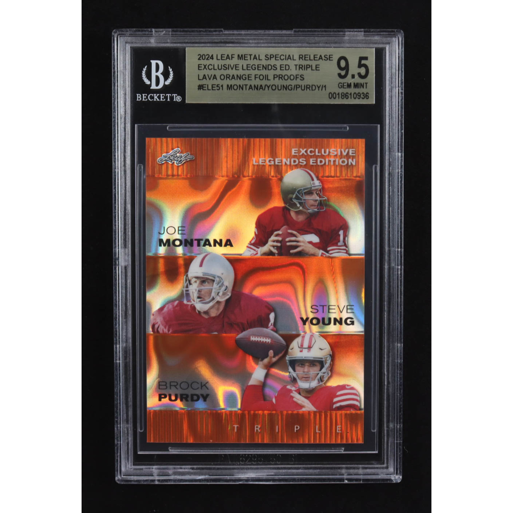 Joe Montana / Steve Young / Brock Purdy 2024 Leaf Metal Special Release Exclusive Legends Ed. Triple Lava Orange Foil Proofs #ELE51 (BGS 9.5) at PristineAuction.com