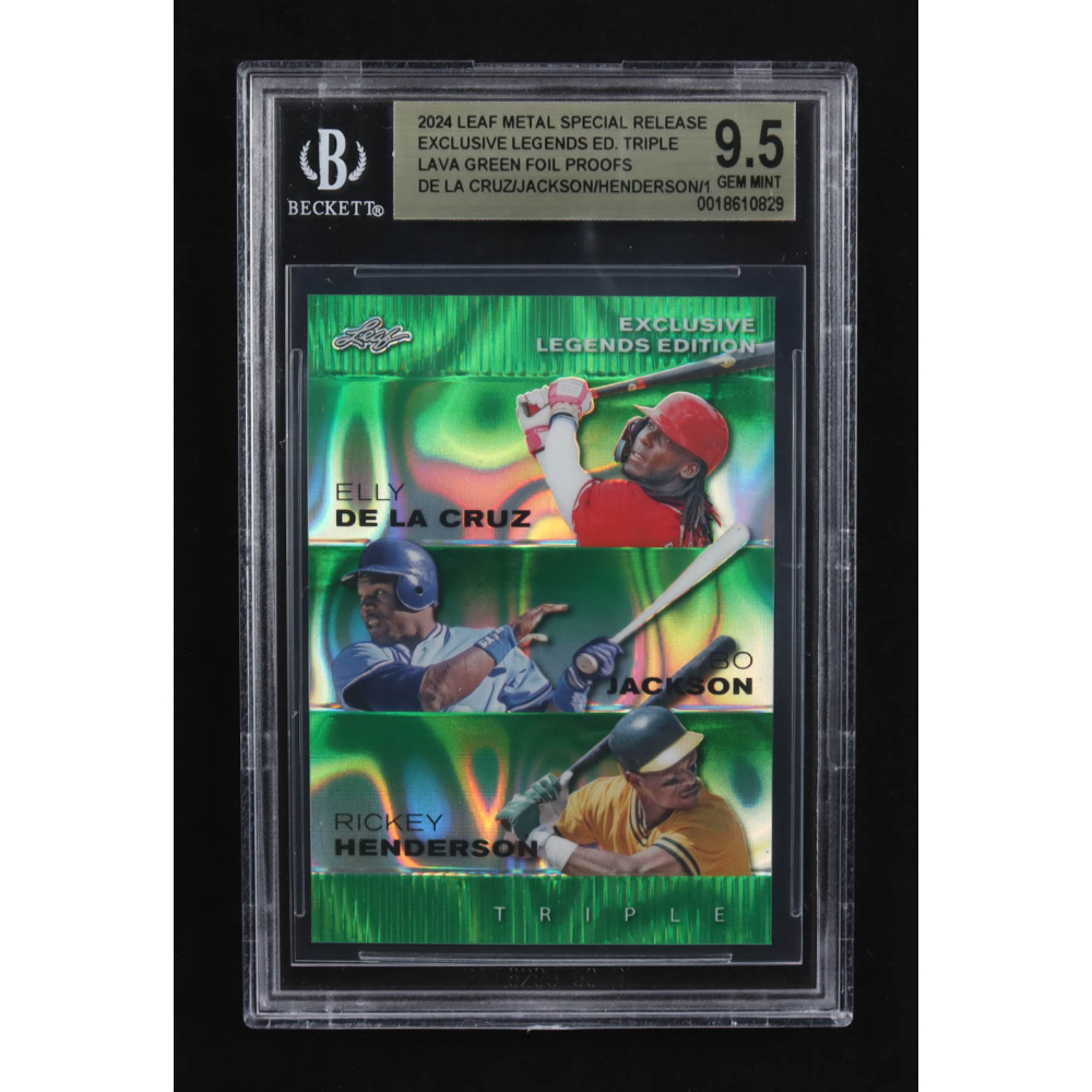 Elly De La Cruz / Bo Jackson / Rickey Henderson 2024 Leaf Metal Special Release Exclusive Legends Ed. Triple Lava Green Foil Proofs (BGS 9.5) at PristineAuction.com