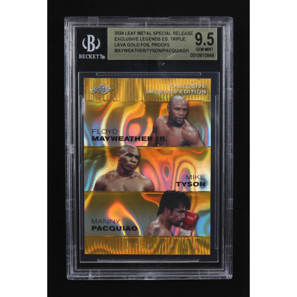 Manny Pacquiao / Floyd Mayweather Jr. / Mike Tyson 2024 Leaf Metal Special Release Exclusive Legends Ed. Triple Lava Gold Foil Proofs (BGS 9.5) at PristineAuction.com