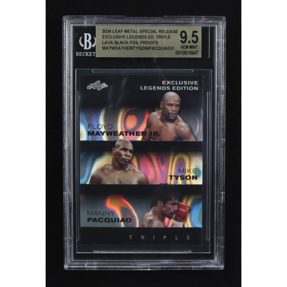 Manny Pacquiao / Floyd Mayweather Jr. / Mike Tyson 2024 Leaf Metal Special Release Exclusive Legends Ed. Triple Lava Black Foil Proofs (BGS 9.5) at PristineAuction.com