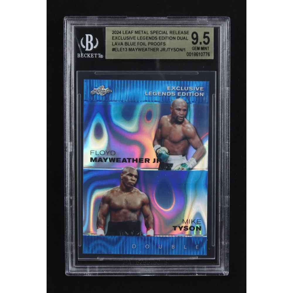 Mike Tyson / Floyd Mayweather Jr. 2024 Leaf Metal Special Release Exclusive Legends Ed. Dual Lava Blue Foil Proofs #ELE13 (BGS 9.5) at PristineAuction.com