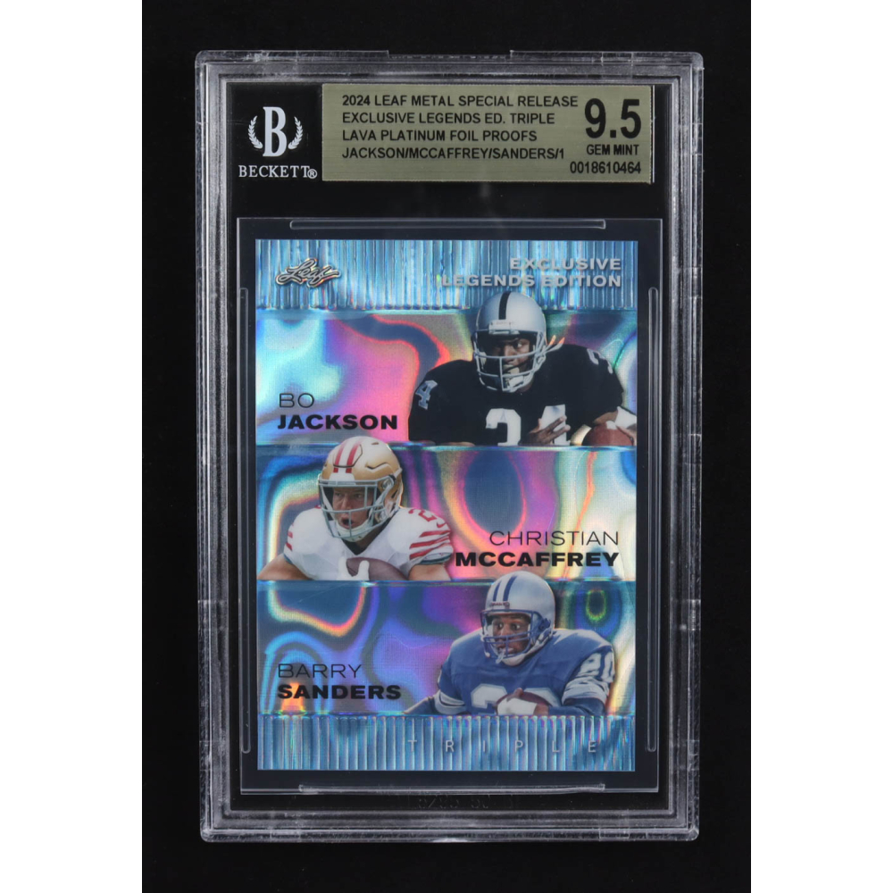 Christian Mccaffrey / Bo Jackson / Barry Sanders 2024 Leaf Metal Special Release Exclusive Legends Ed. Triple Lava Platinum Foil Proofs (BGS 9.5) at PristineAuction.com
